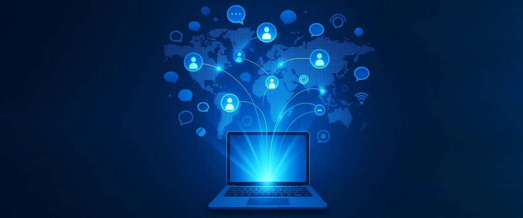 Laptop projecting global connections over a world map with communication icons and people symbols, representing digital education and global interconnectivity.