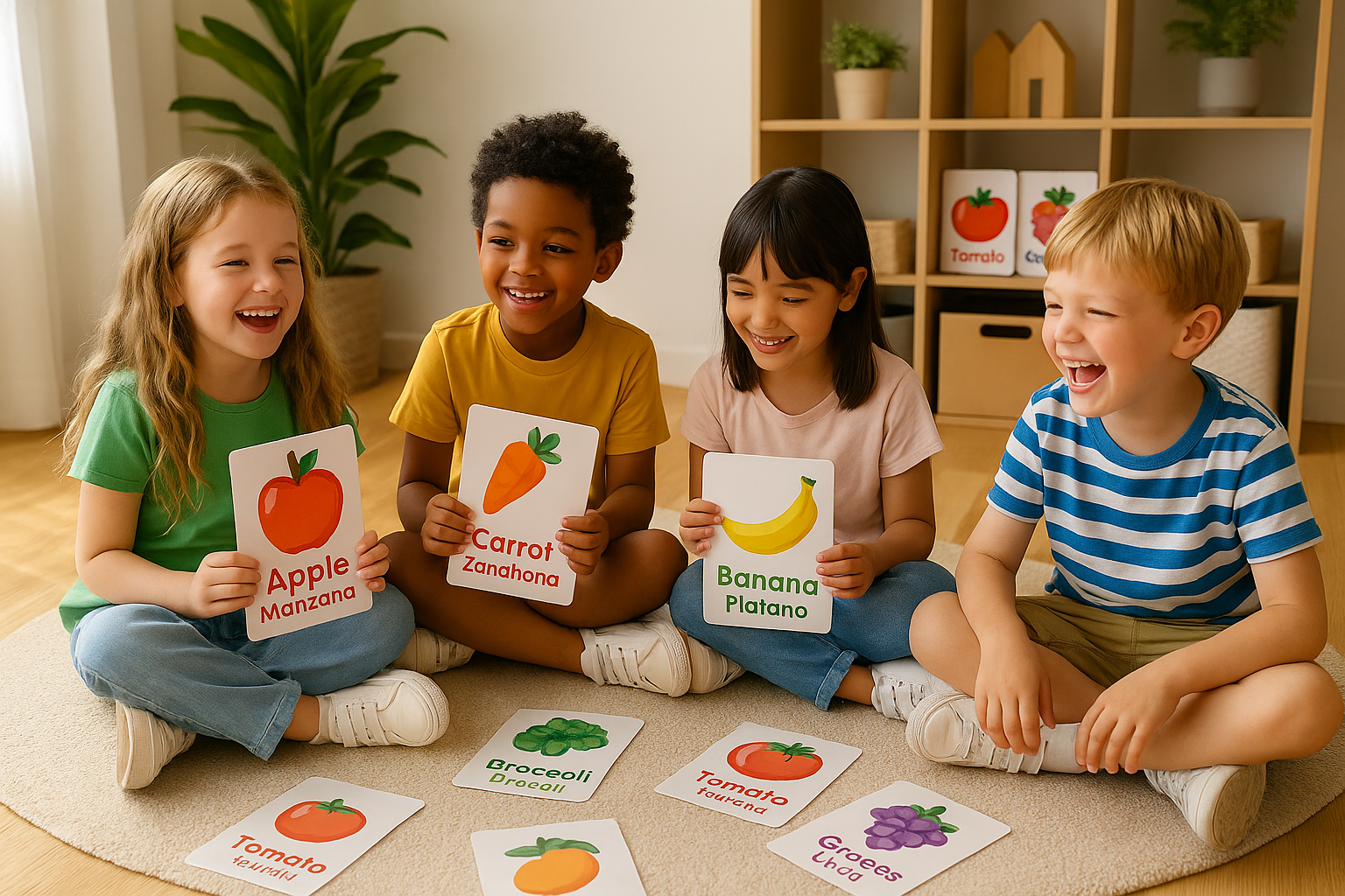 Four children in sneakers playing with bilingual fruit and vegetable flashcards, learning English and Spanish vocabulary - Playnspeak