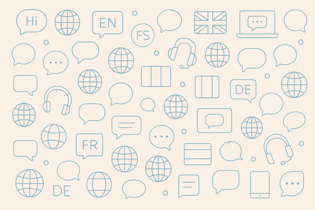 Seamless vector pattern with language icons, speech bubbles, laptops, and headphones representing online education