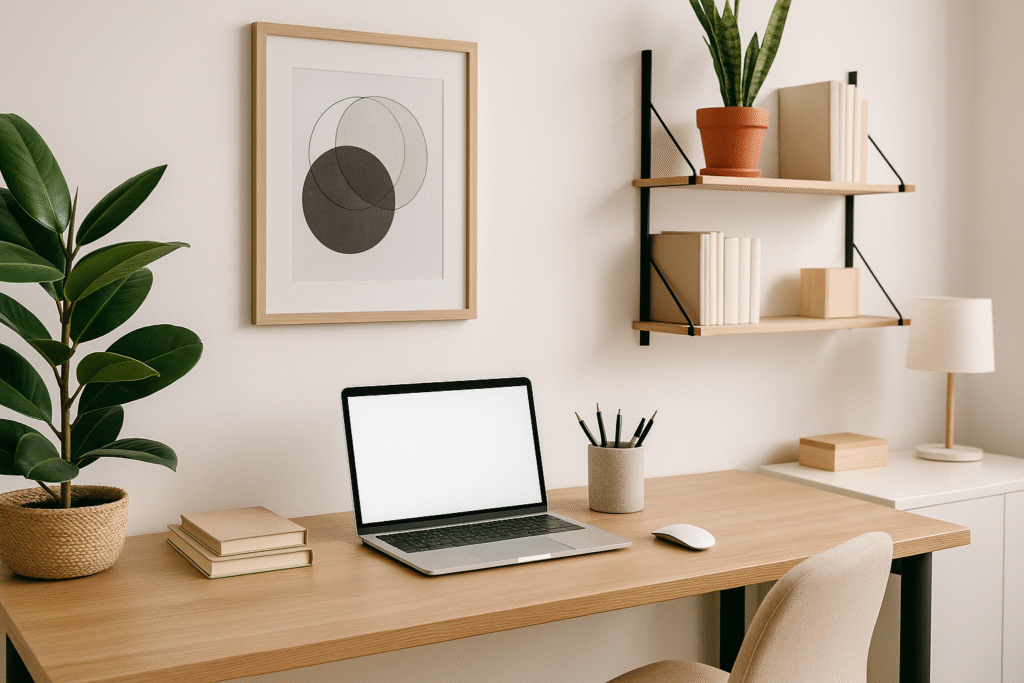 Modern home office setup with a laptop on a wooden desk, books, plants, and shelves, representing a clean remote workspace for online work or language teaching.