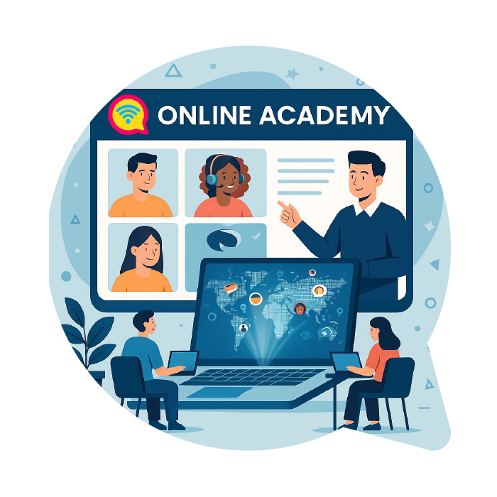 Flat style illustration showing a modern online language academy with students connected via screens, digital interface, and virtual learning environment.