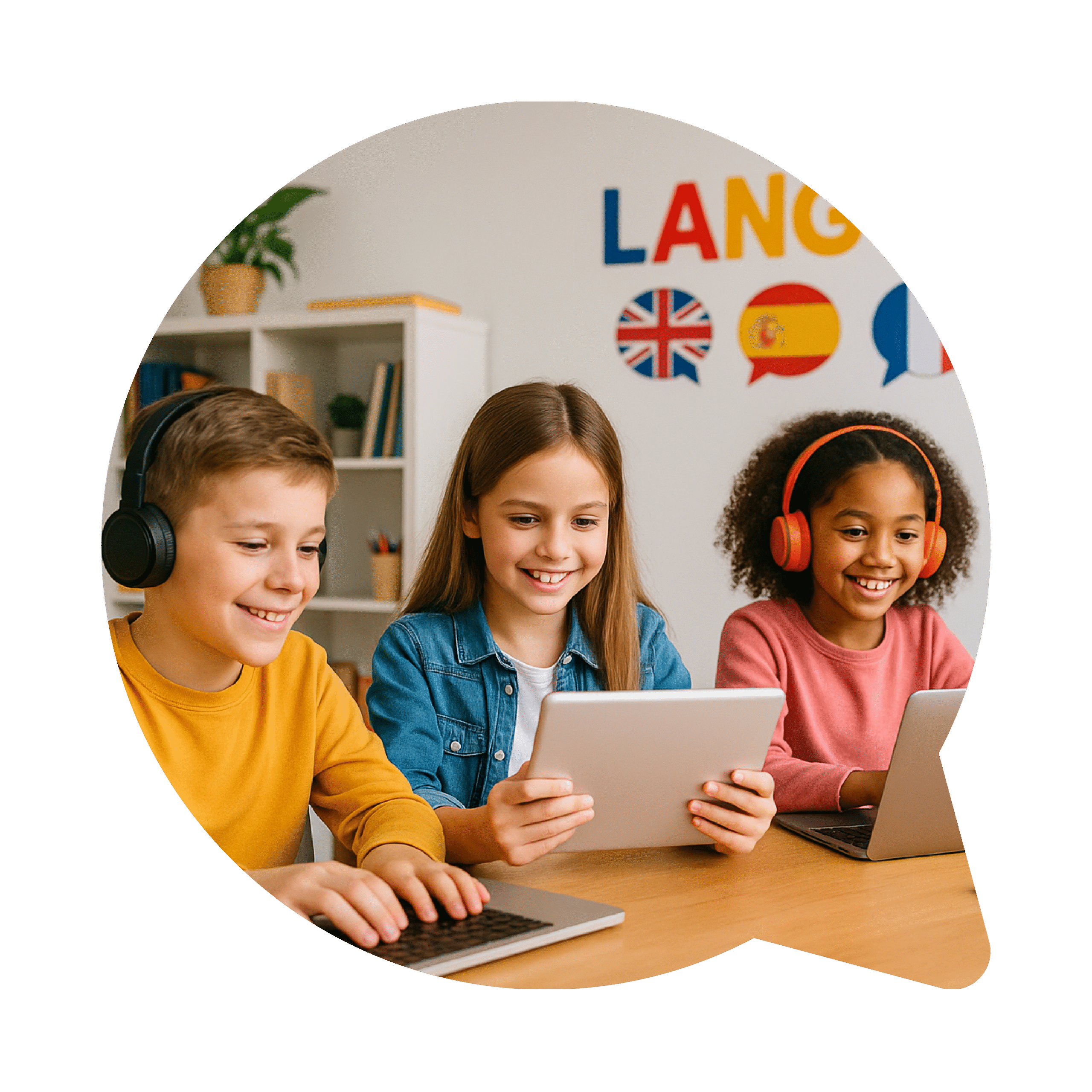 Children learning languages online using tablets and laptops in a virtual classroom – Playnspeak