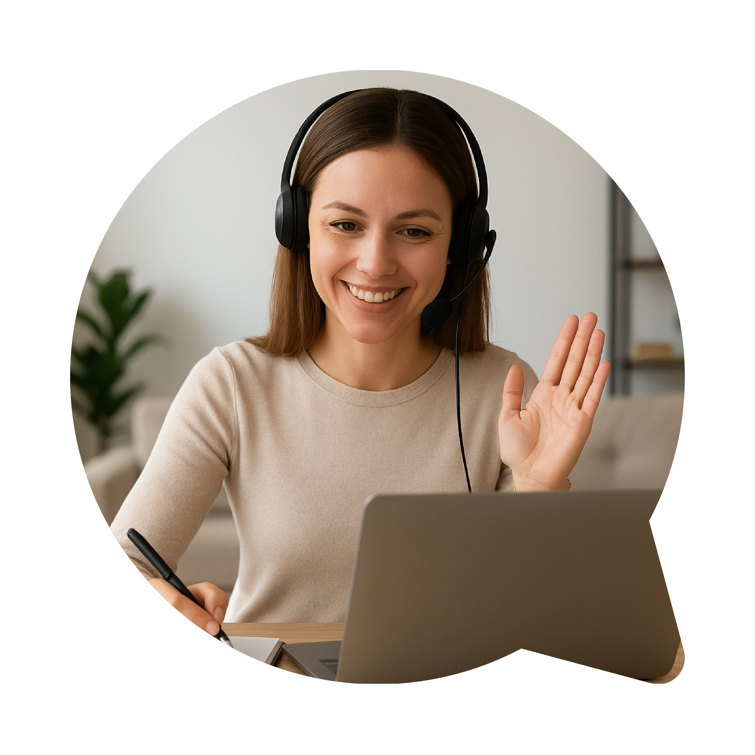 Smiling woman in her 30s teaching languages online from home using a laptop and headphones – Playnspeak